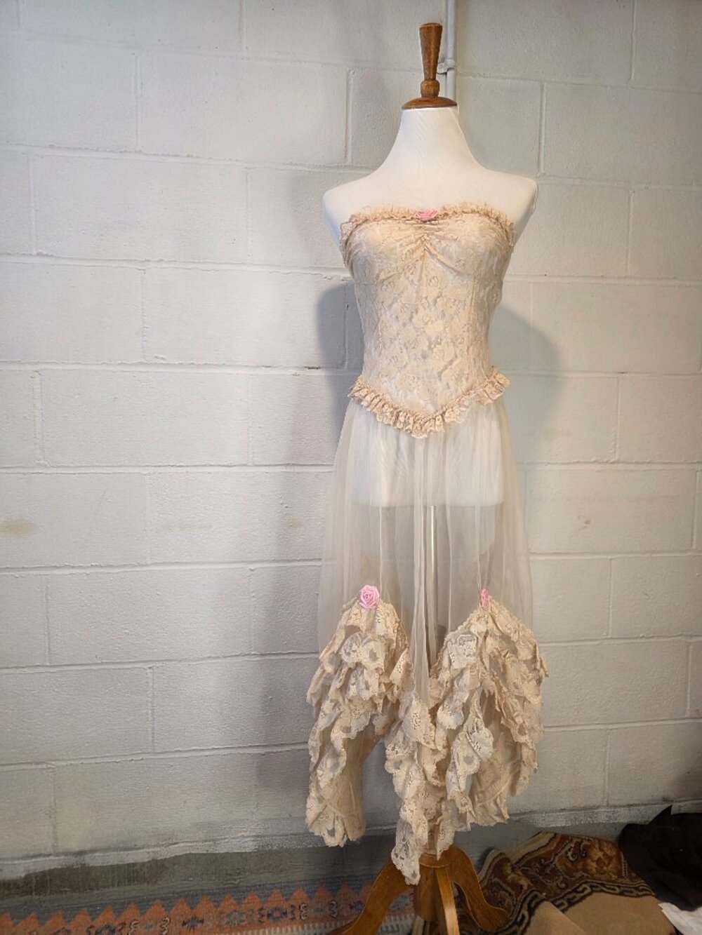 Vintage Ren Fair Fairy Coquette Western Festival Sheer Lace Empire Waist Dress - Picture 2 of 15